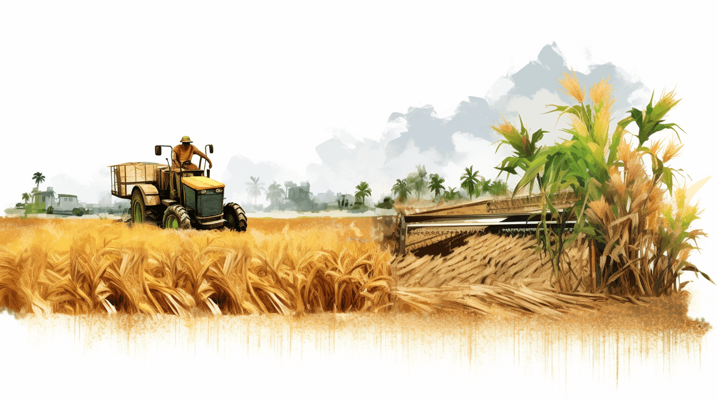 The farmer is driving the harvester in front of him, harvesting corn on his farm. The background features an illustration style with brushstrokes, depicting wheat fields, golden rice and sugar cane plants. There is also white space at both sides for text. It has high definition resolution, watercolor effects, and a distant view. In the style of a cartoon, the overall color scheme of warm tones creates a lively atmosphere.