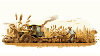 A farmer is harvesting wheat with a harvester, while the city skyline in the background reflects modern technology and development. The illustration style should be vector-based, with a color palette of earth tones to emphasize rural life. Use white as the main color for clarity and focus on the farmers' work during harvest season. Emphasize the contrast between traditional farm equipment and advanced urban architecture in the style of modern technology and development.