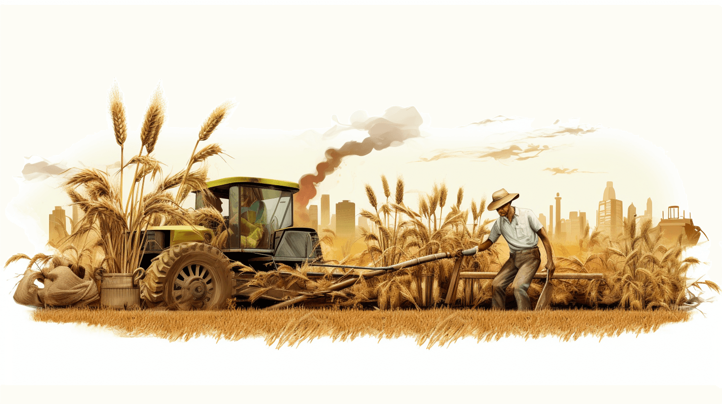 A farmer is harvesting wheat with a harvester, while the city skyline in the background reflects modern technology and development. The illustration style should be vector-based, with a color palette of earth tones to emphasize rural life. Use white as the main color for clarity and focus on the farmers’ work during harvest season. Emphasize the contrast between traditional farm equipment and advanced urban architecture in the style of modern technology and development.