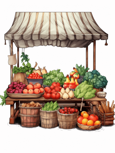 Illustration of an outdoor market stall with fresh produce, in a clip art style, on a white background, with very detailed artwork.