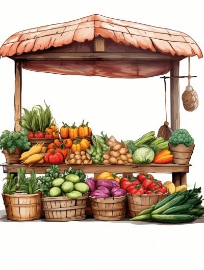 Illustration of an outdoor market stall with various vegetables, in the style of clip art, vector illustration, on a white background, using pastel colors, high resolution, high quality, high detail, in the style of watercolor cartoon, high definition, high sharpness, high focus, with high details, hyper detailed, hyper quality.