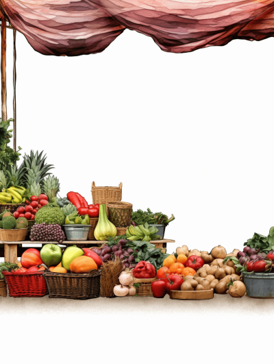 A realistic photo of the bottom half of an outdoor market stall with fresh fruits and vegetables, in the style of clipart with a soft watercolor style, isolated on a solid white background without shadows, at a high resolution.