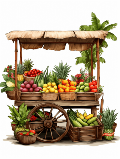 A colorful cartoon illustration shows an Indian wooden cart full of tropical fruits like mango, pineapple and guava against a white background. The market stall has two wheels at the bottom and is covered by a bamboo roof. It stands at a street corner. Some fresh vegetables such as coriander leaves, tomatoes, garlic, and green chilies can be seen against the backdrop of the day. A few palm trees can be seen in the background. The illustration is in the style of a cartoon clip art with vector graphics. There are no shadows and the cart is isolated with a white background.