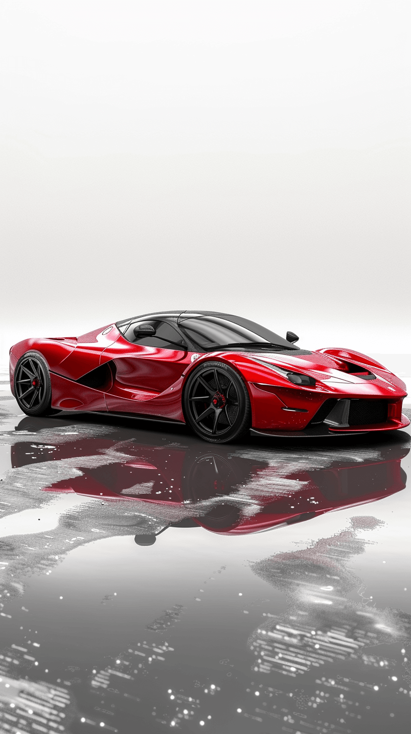 3D render of a red Ferrari LaFerrari with its reflection on the floor, high resolution and high details, white background, full body shot, digital art, wallpaper, rendered in the style of hyperrealism with hyper detailed quality, rendered with Octane.