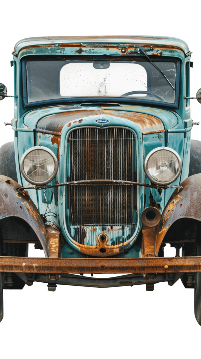 vintage truck front view with rust and blue paint, white background, high resolution photography