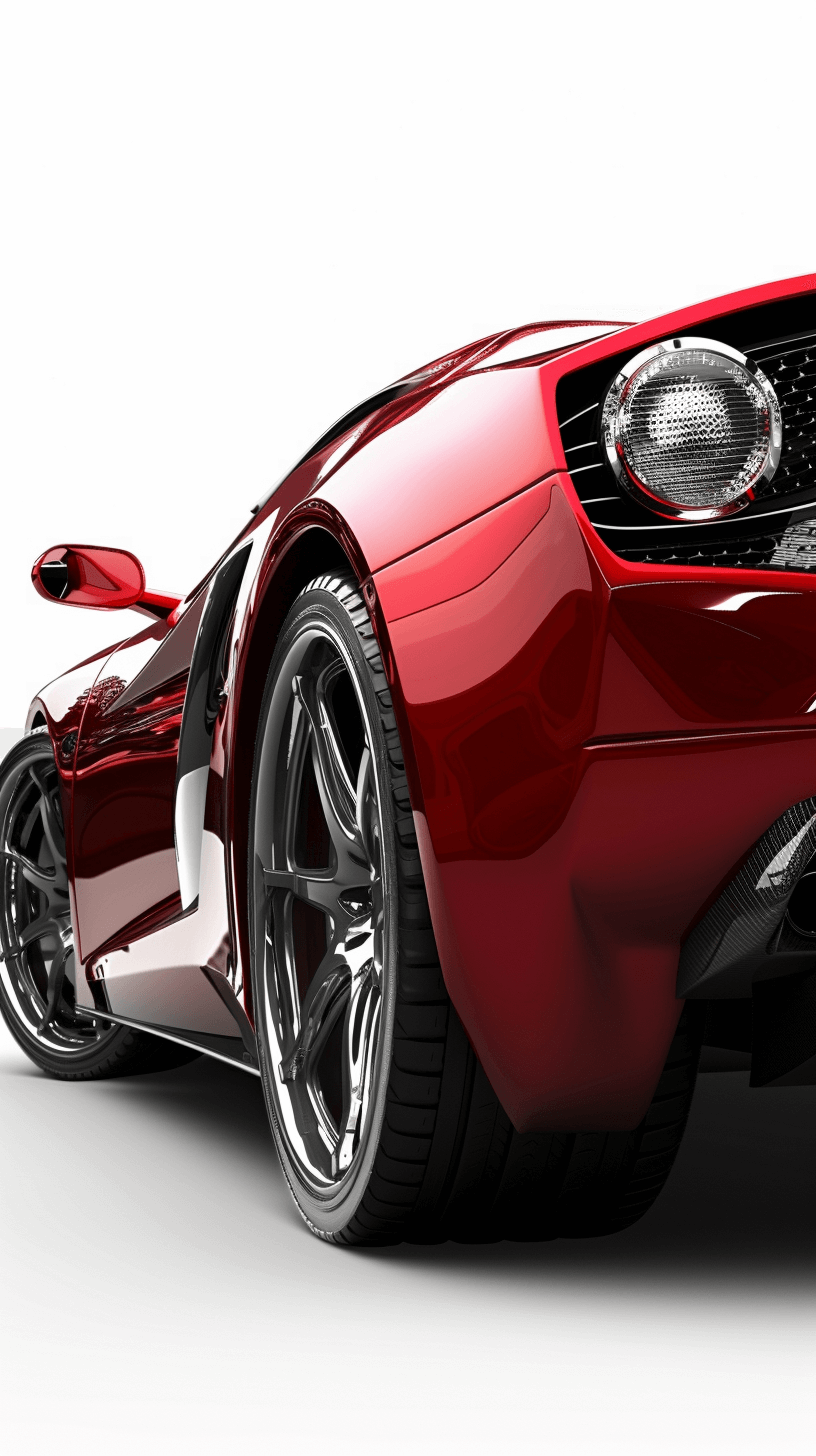 A red sports car with shiny chrome wheels and a glossy body, captured in a closeup shot against a white background. The high-definition image showcases the sleek lines of the vehicle and its polished silver rims, creating an elegant and dynamic composition that highlights both the sporty character of the sports car and the reflective surface details on its exterior.