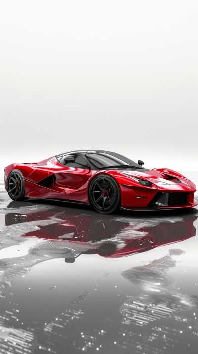 3d render of red Ferrari LaFerrari hypercar on white background, reflection in water surface, studio shot, photorealistic,