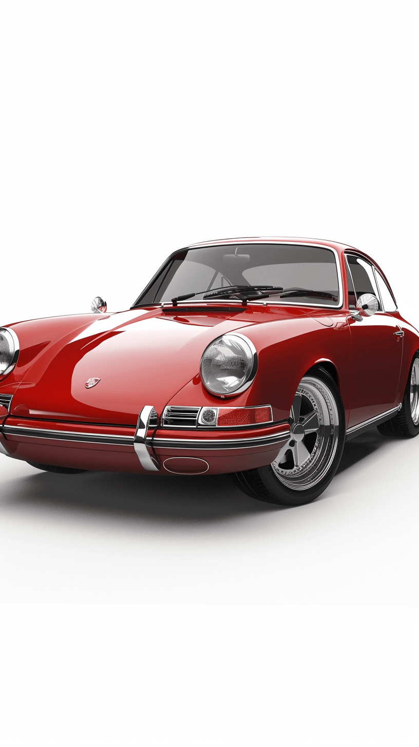 A photorealistic illustration of the classic Porsche car. The car is red and is on a white background in a front view, full frame shot with no shadows at a high resolution and with high details and high contrast with no blur in a hyper realistic, wide angle style in the style of professional photography with soft lighting and a high dynamic range for a studio quality look with sharp focus and extreme detail and depth of field for an ultra detailed and super resolution 30k shot in the style of a Hasselblad X1D II camera.