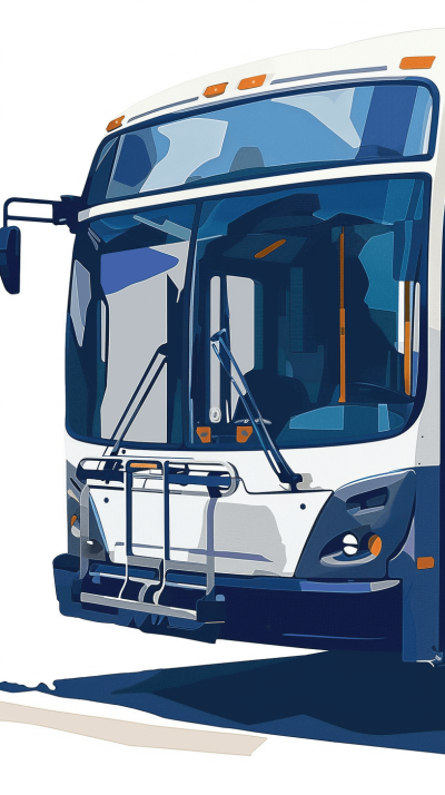 A white and blue bus with the driver's door open, depicted in an illustration style. The background is pure white, creating a clean look. This design includes vector graphics for easy printing on various materials like t-shirts or posters. It features detailed elements of city travel such as subway windows, buildings, traffic lights, street signs, or public art around it, all rendered in a flat graphic style in the style of graphic designers to emphasize clarity and visual appeal.