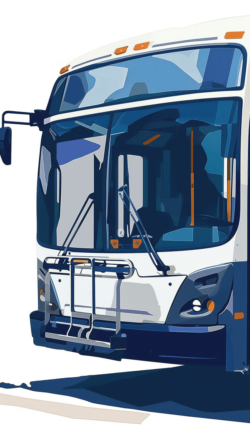 A white and blue bus with the driver’s door open, depicted in an illustration style. The background is pure white, creating a clean look. This design includes vector graphics for easy printing on various materials like t-shirts or posters. It features detailed elements of city travel such as subway windows, buildings, traffic lights, street signs, or public art around it, all rendered in a flat graphic style in the style of graphic designers to emphasize clarity and visual appeal.