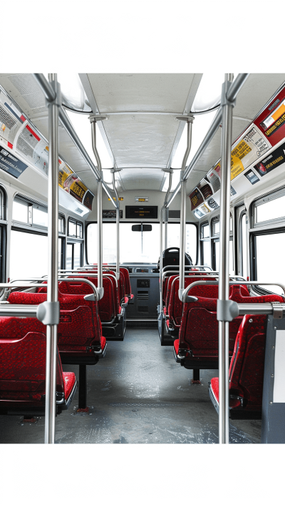 Photorealistic photo of an empty city bus interior with red seats and white walls, advertising posters on the ceiling. The perspective is from behind three rows of seating to display one row at each side of the frame. There is no person in view, creating a clean, uncluttered look. This scene captures the essence of public transportation in urban settings. White background.