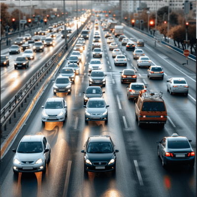 A photo of cars driving on the highway in Russia, showing a traffic jam in the cityscape with evening light. Cars are driving from left to right and are different sizes and models. Cars on both sides of the road are visible. The cars on one side of the picture have their lights turned off, while the cars are grey with white numbers. The cars on the other side look new or modern in the style of modern cars. The cars on one side of the street are white in color.