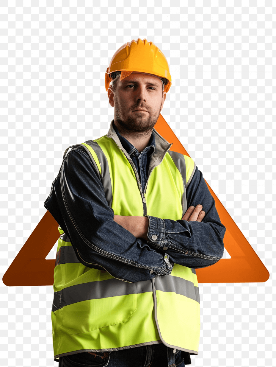 Photorealistic photo of a construction worker wearing a high visibility safety vest and helmet, standing with his arms crossed in front of an orange triangle sign background, isolated on a transparent png background, in the ultra realistic photographic style.