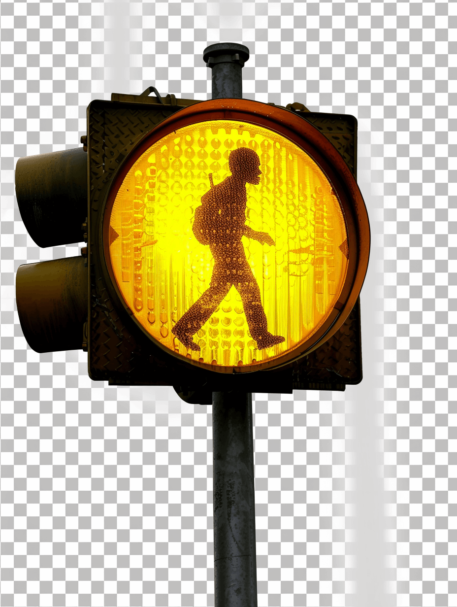 A yellow traffic light with the silhouette of an adult walking on it, transparent background, png format, hyper realistic photography