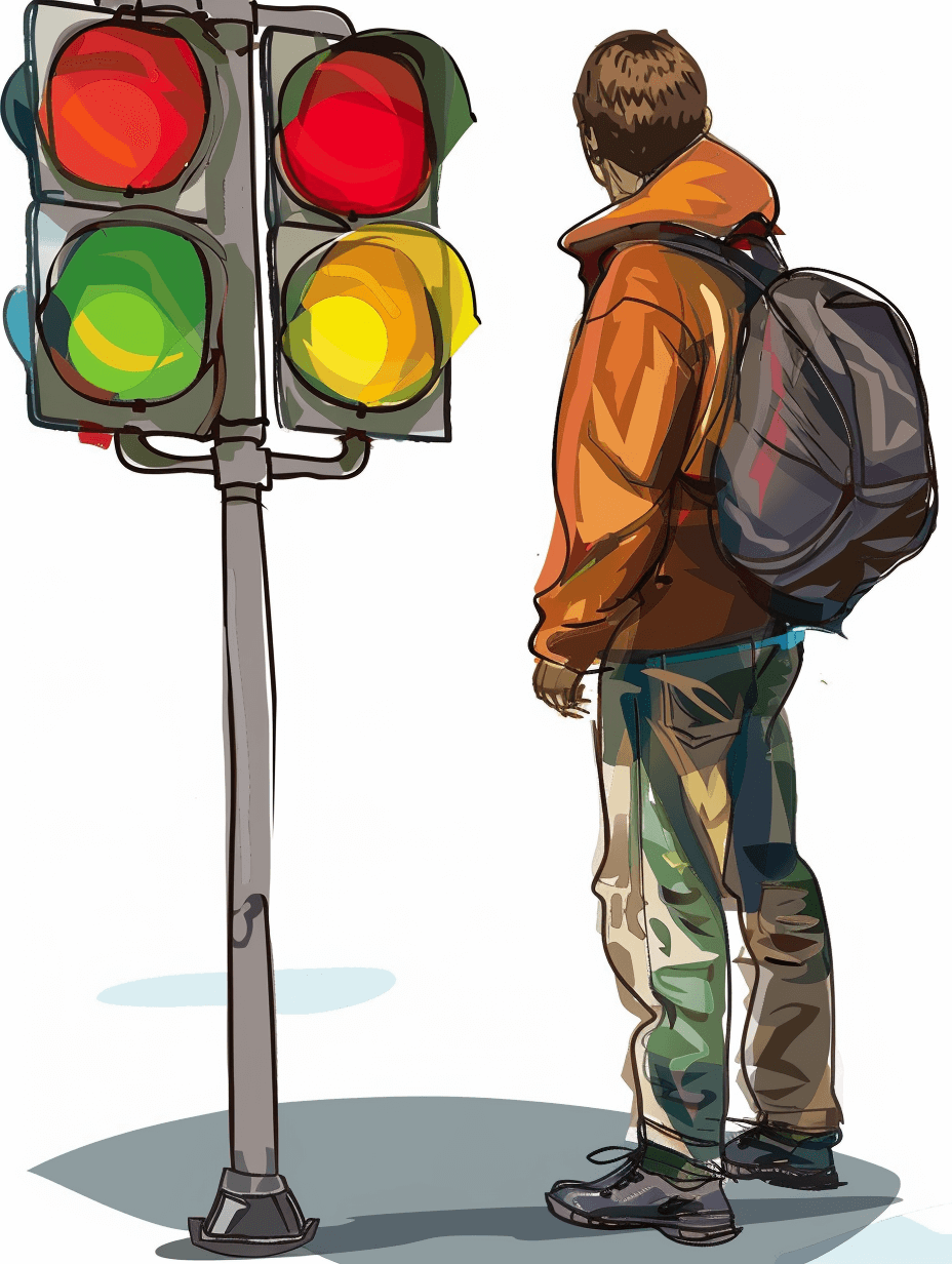 A young man stands at the traffic light and looks to his right, vector graphics on white background, in comic style, cartoon style, fulllength figure, standing sideways, backpack hanging from shoulder, wearing casual , colorful lights of green yellow red palette, white background, detailed drawing, watercolor, vector illustration