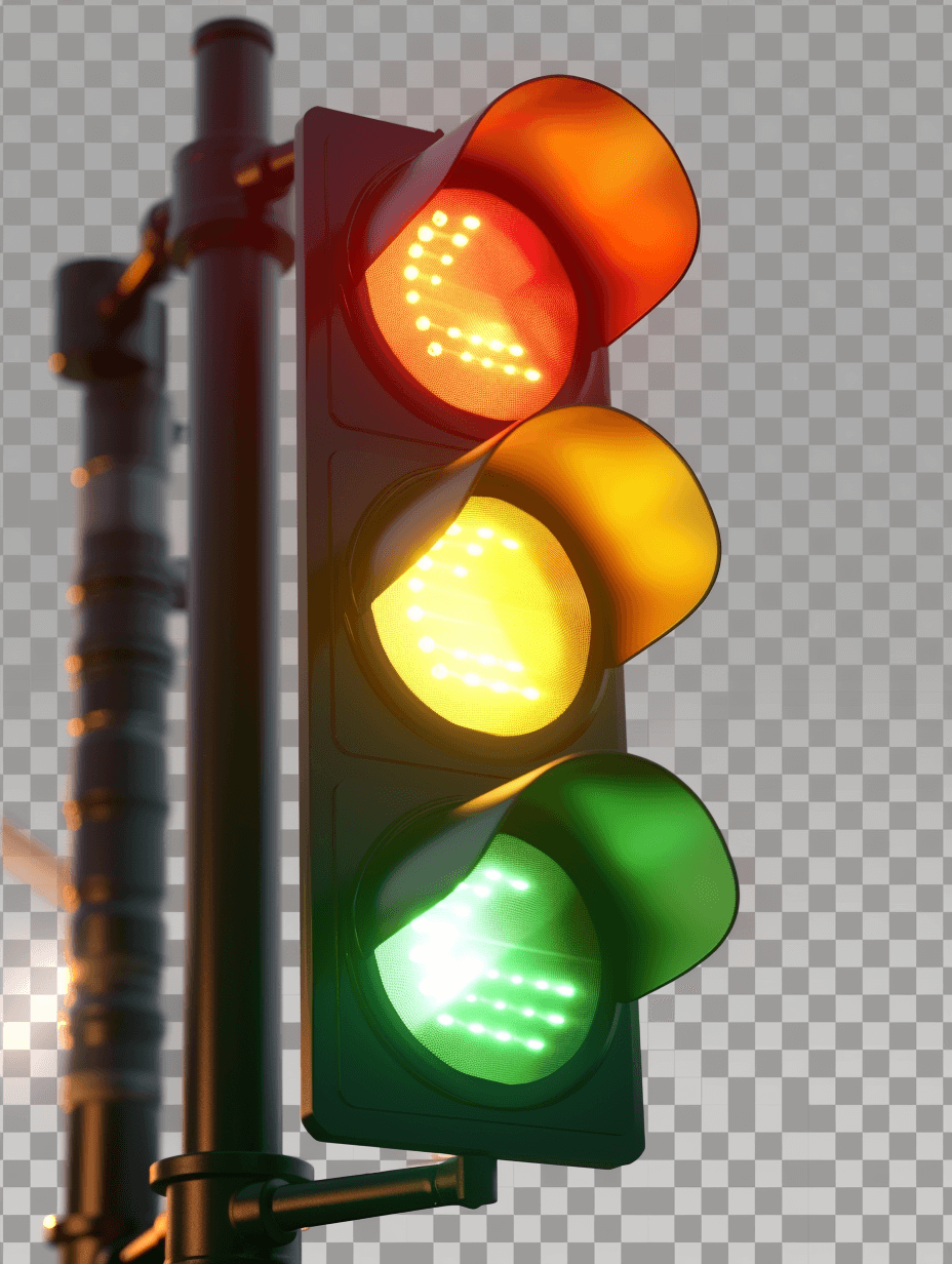 a traffic light with yellow and green lights on transparent background, photorealistic, hyperrealism, high resolution photography, insanely detailed, intricate details