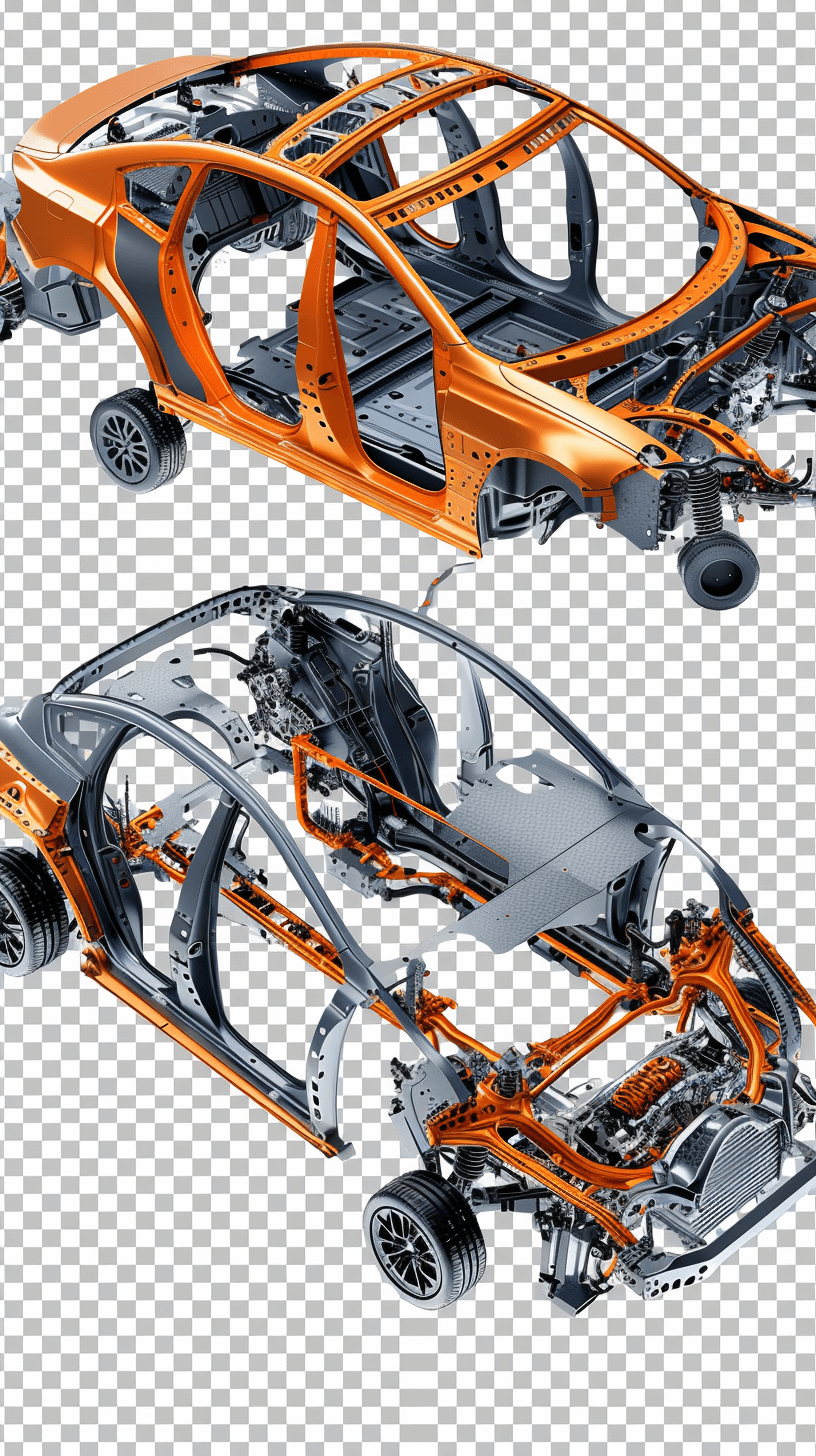 Generate an orange car frame and components cutaway design on transparent background.