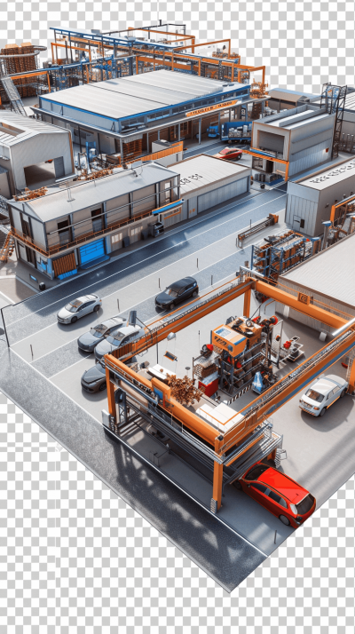 Aerial view of an industrial building with modern equipment and cars parked on the outside, 3d cartoon style, transparent background PNG file