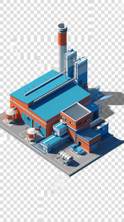 Isometric material design of a power plant on a transparent background, with blue and orange accents, in HD high resolution, is designed to showcase the energy in the style of the". The overall structure presents an impressive presence with a large roof that covers part or all parts such as buildings, towers, smokestacks, gas tanks, equipment boxes, water tankers, vehicles and more. This creates a sense of strength in its industrial environment. It's like a giant machine working behind it.