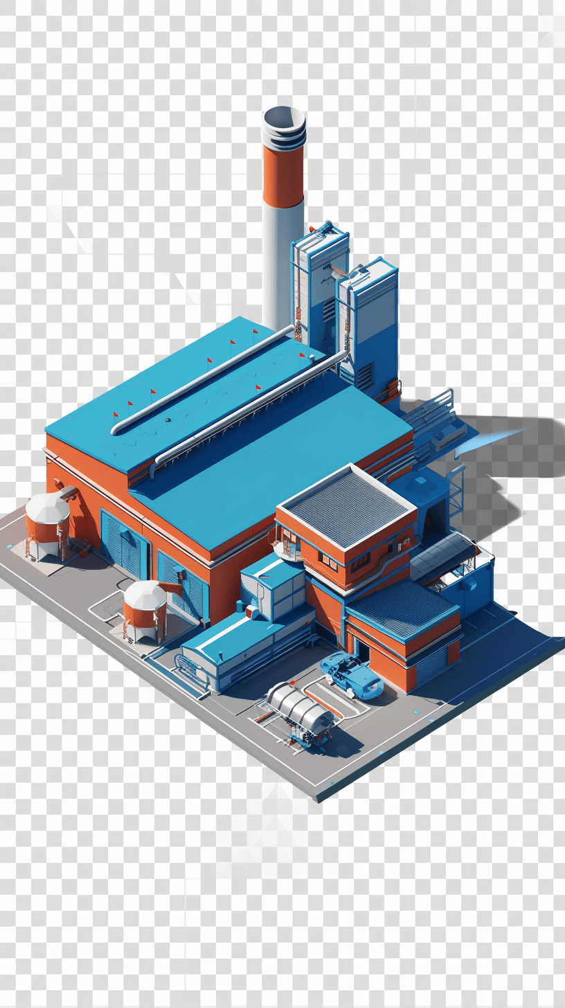 Isometric material design of a power plant on a transparent background, with blue and orange accents, in HD high resolution, is designed to showcase the energy in the style of the”. The overall structure presents an impressive presence with a large roof that covers part or all parts such as buildings, towers, smokestacks, gas tanks, equipment boxes, water tankers, vehicles and more. This creates a sense of strength in its industrial environment. It’s like a giant machine working behind it.