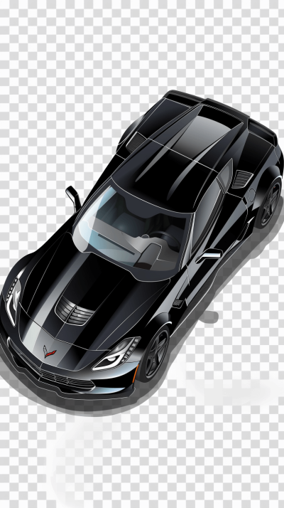 A black corvette car, cartoon style, top view, transparent background.