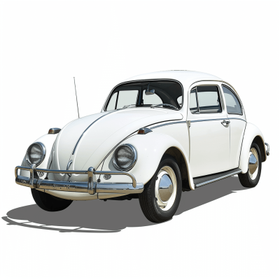 A simple illustration of a white 20th century Volkswagen Beetle on a white background, with no shadows under the car, in the style of no particular artist.