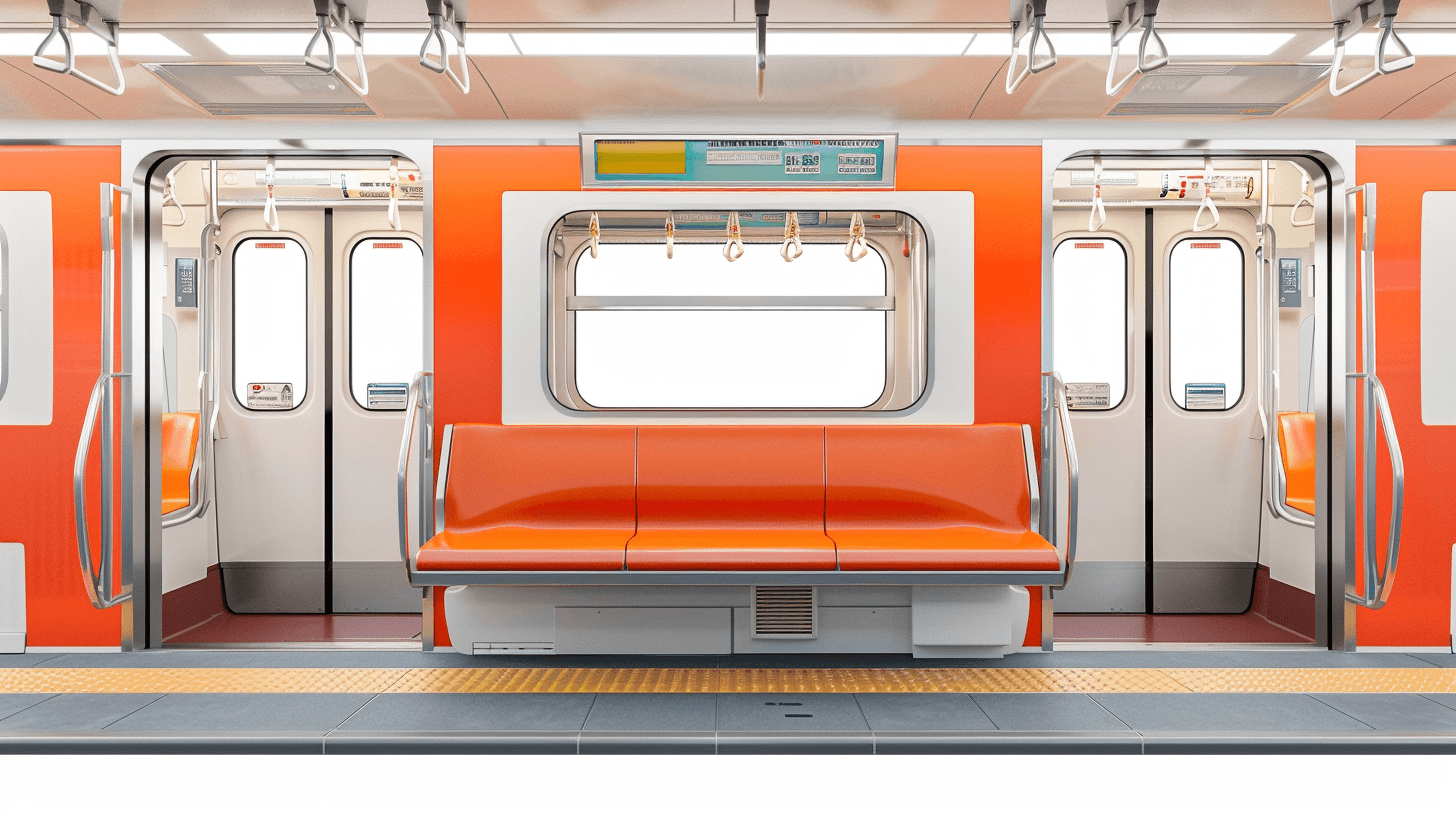 A train carriage with orange seats and white walls, front view, photo realistic style, clean background, interior photography, studio lighting, simple design, clean environment, subway car body design rendering, Japanese city background