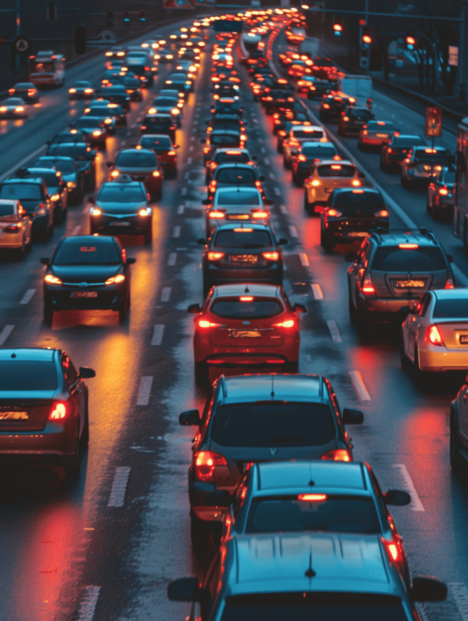 A photo of cars stuck in traffic on the highway at night. Cars are shown from different angles, with lights on and all facing forward. Cars face the camera, some in motion, with headlights on, and tail lights. Cars have red rear lights.