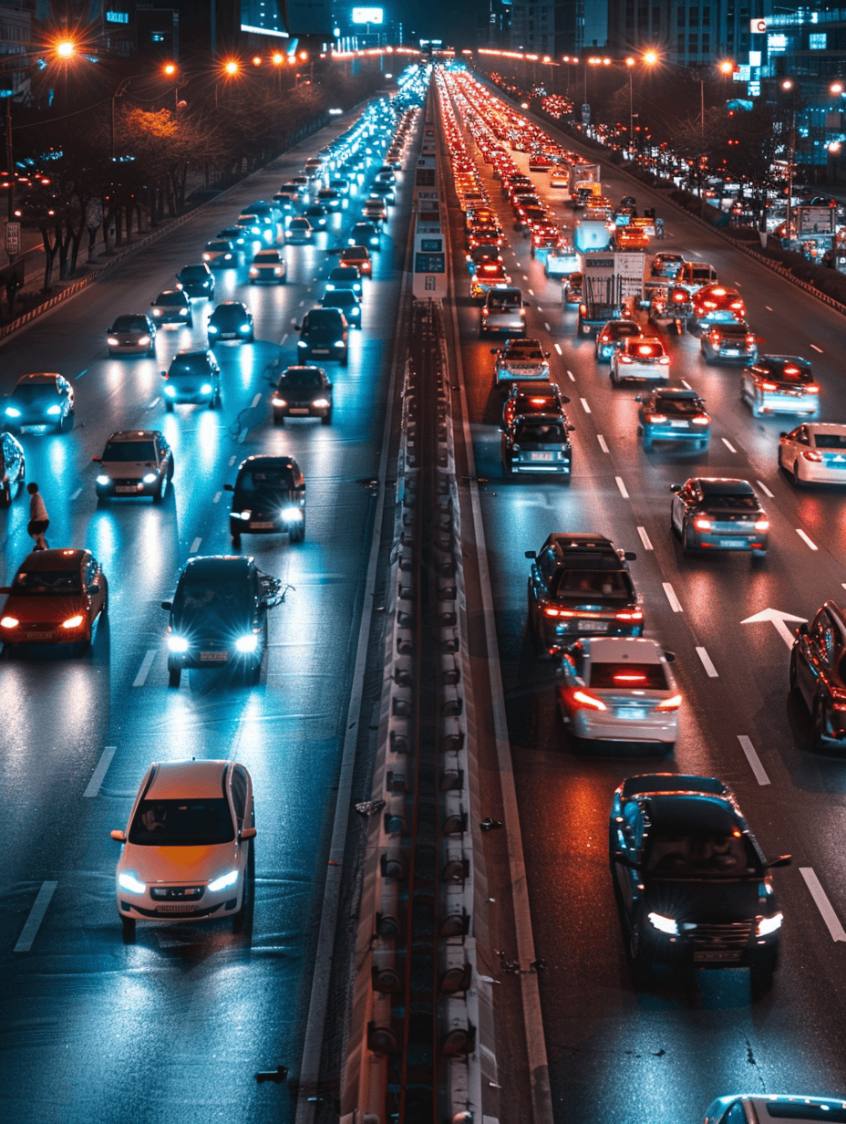 A wide view of the highway at night, cars driving in both directions with their lights on, a traffic jam, a modern city, a cityscape, cars with white and blue stickers, cars photographed from various angles, high resolution photography with professional color grading and soft shadows with no contrast and clean sharp focus, cinematic photography.