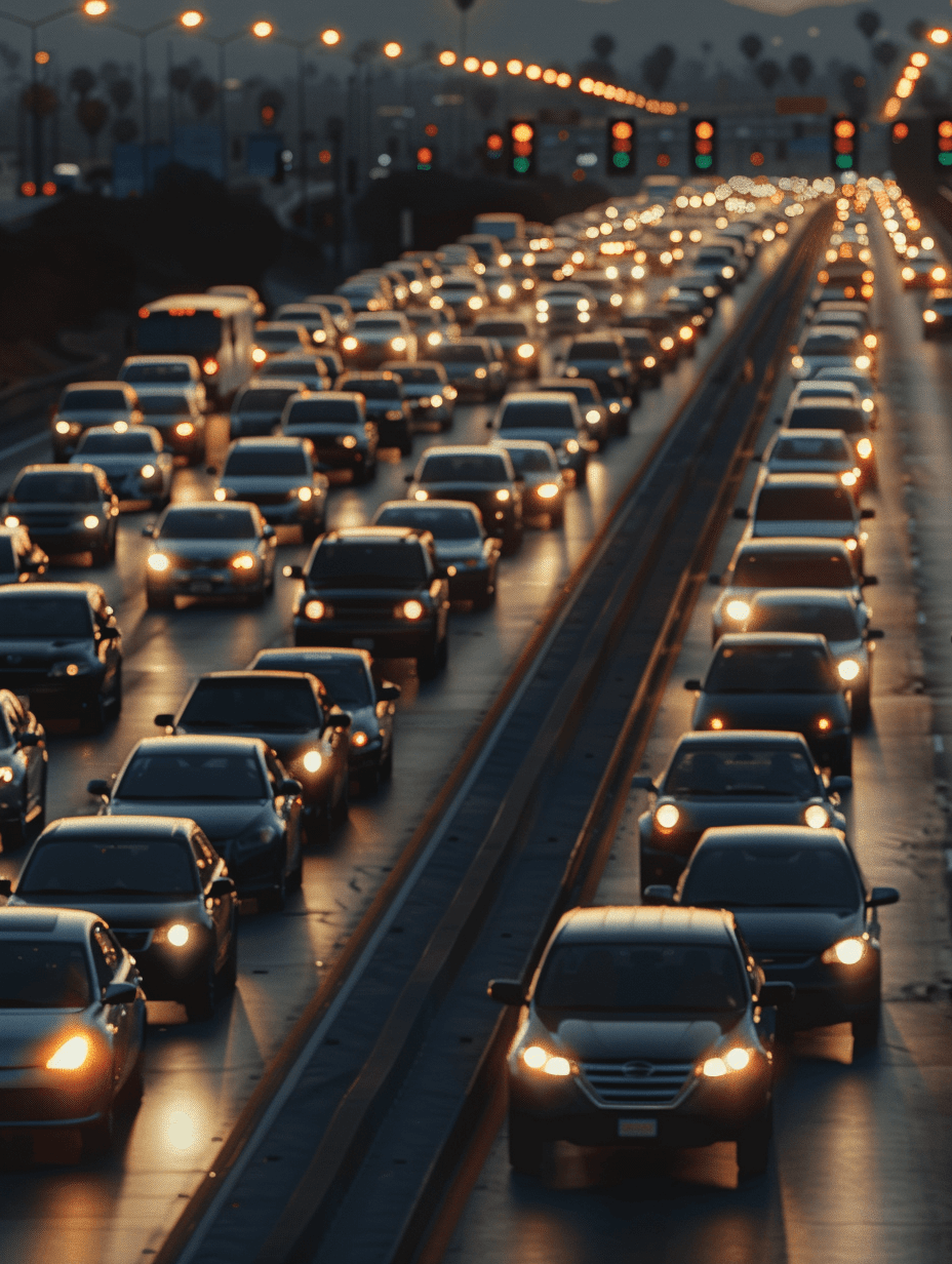 A long line of cars on the highway, all with their headlights turned on. The traffic is dense and there’s no end in sight to the vehicles. In one car we see two people talking while they drive. It feels like an endless maze of vehicles moving towards us. There’s a warm glow from the lights of other vehicles. This scene captures life as it ruggedly stands in California’s bustling cityscape. Shot by [Annie Leibovitz](https://goo.gl/search?artist%20Annie%20Leibovitz) with Sony Alpha A7 III camera using Tamron sp 85mm f/2 G lens.