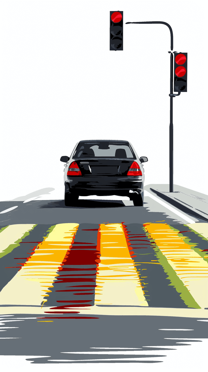 vector illustration of car driving through the red light at an intersection with zebra crossing, white background, yellow and green color palette, digital art style