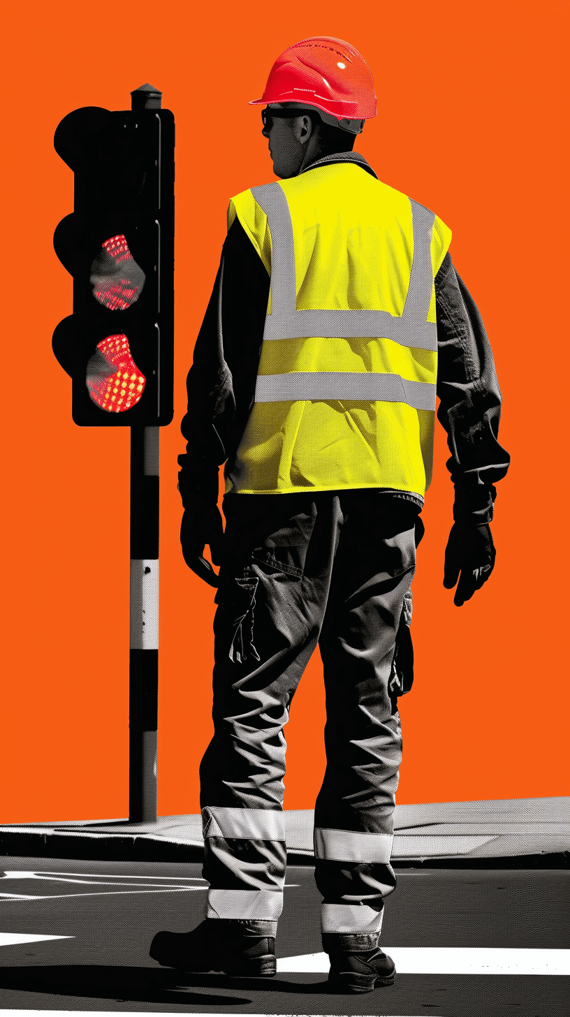 A traffic controller wearing maximalist workwear, standing at the intersection and turning on the red light, vector illustration in the style of orange background, high resolution, high detail, digital art, high quality, high definition, high contrast, hyper realistic, hyper detailed, hyper realism.