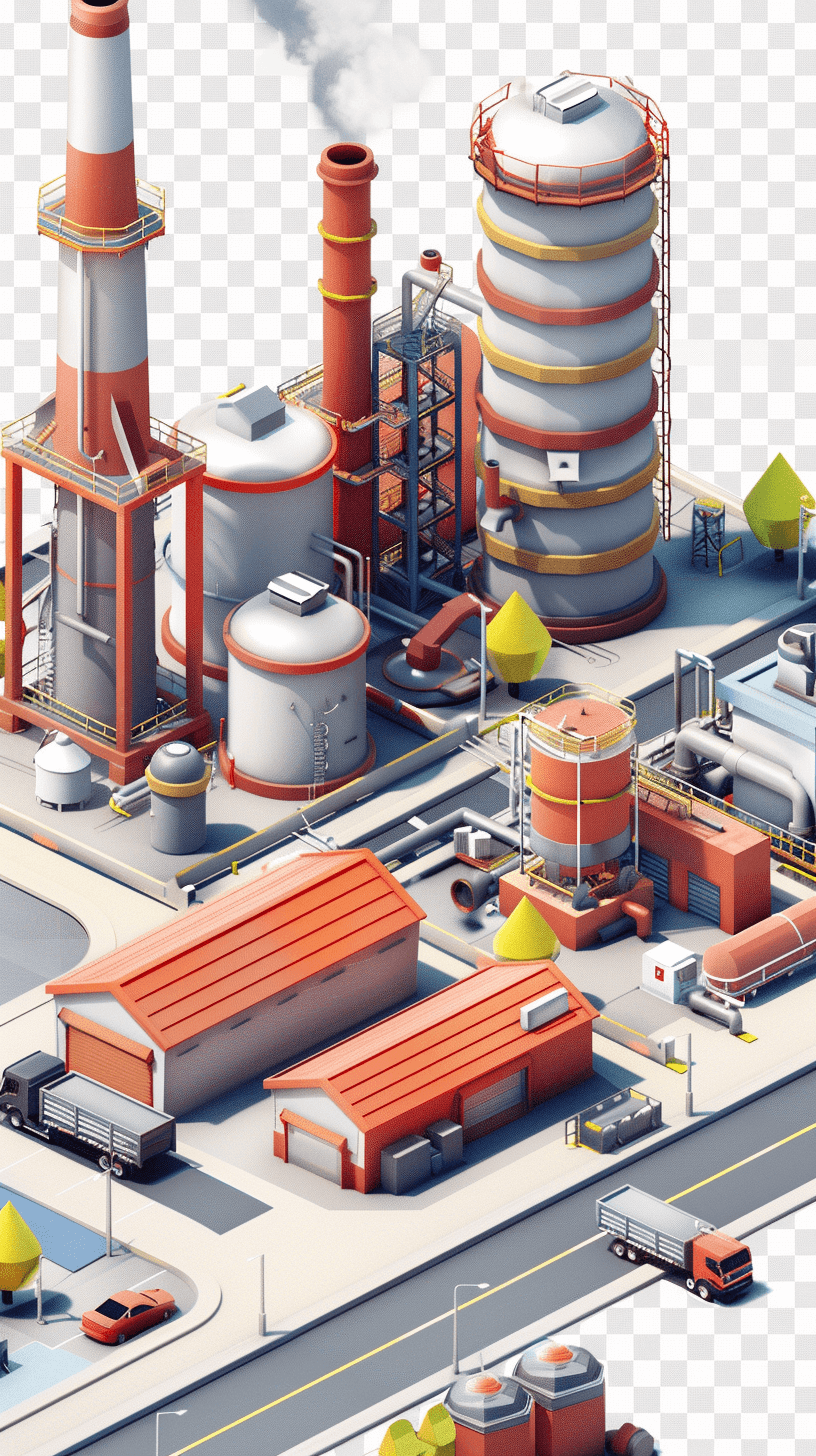 A cartoon style oil production plant with cars and trucks, isometric view, white background, no shadows, high detail, vibrant colors, clean lines, high definition, high contrast, isolated on transparent png background, in the style of octane render, in the style of HDR, 32k resolution, illustration, in the style of hyper realistic, illustration.