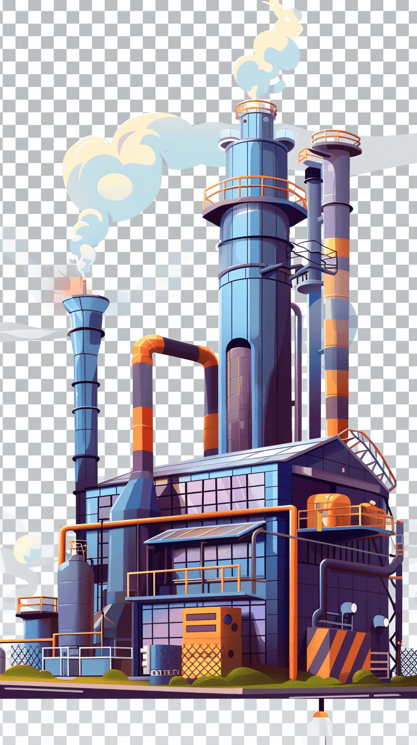modern cartoon style factory building with smokestacks and pipes, transparent background