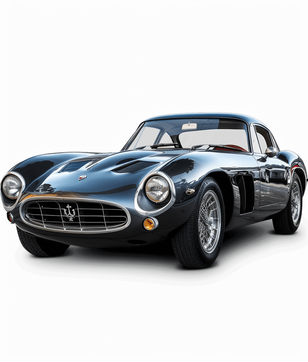 A classic sports car, the Ferrari “250 GT Berlinetta” in dark blue with chrome details and white background, no shadows, no reflections, no reflections on ground surface, no text or logos, professional photography, hyperrealistic, high resolution, highly detailed, sharp focus, centered composition, wide angle, isolated on white background, full body shot, product photo