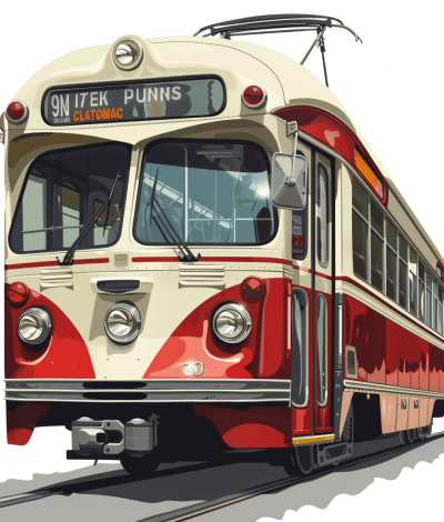 vector illustration of vintage streetcar, white background, red and cream color palette, high resolution vector, very detailed