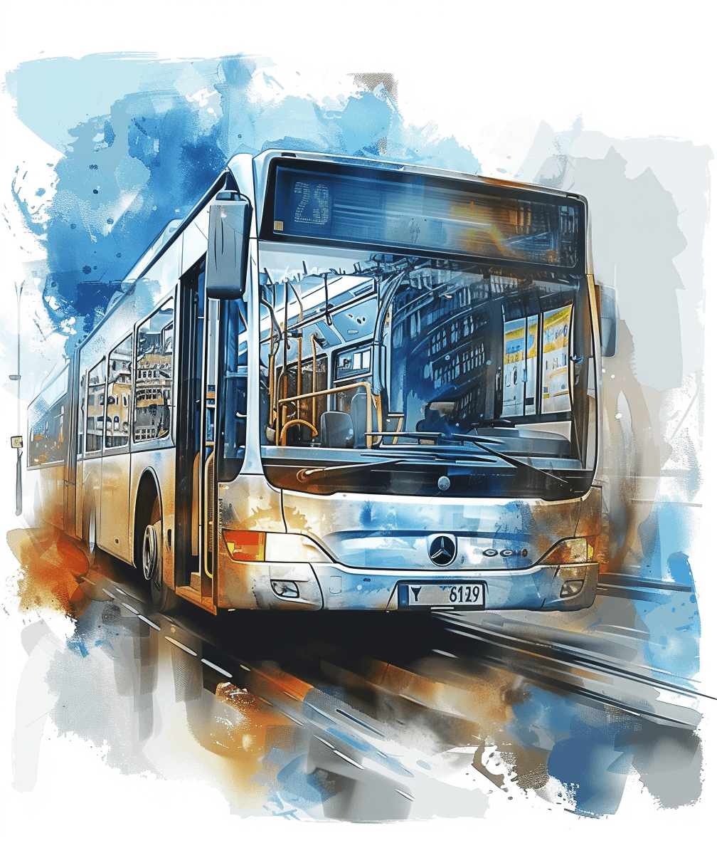 digital art of the city bus in Istanbul, white background, blue and brown color scheme, white transparent background, watercolor brush strokes, digital painting in the style of digital watercolor.