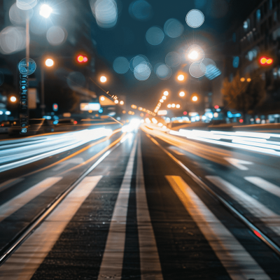 A long exposure photo of the city streets at night, taken from an empty street with white lines on it. The focus is blurred and bokeh effect creates a sense of speed and movement. There's traffic light trails in the background. It captures the dynamic energy of urban life at nighttime.