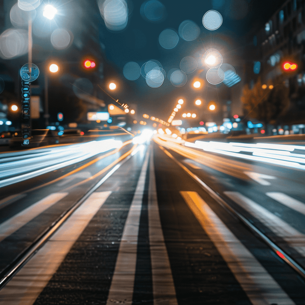 A long exposure photo of the city streets at night, taken from an empty street with white lines on it. The focus is blurred and bokeh effect creates a sense of speed and movement. There’s traffic light trails in the background. It captures the dynamic energy of urban life at nighttime.