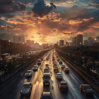 A highway with cars driving on it, sunset sky, city skyline in the background, cars are busy moving to work or home, hyperrealistic photo style