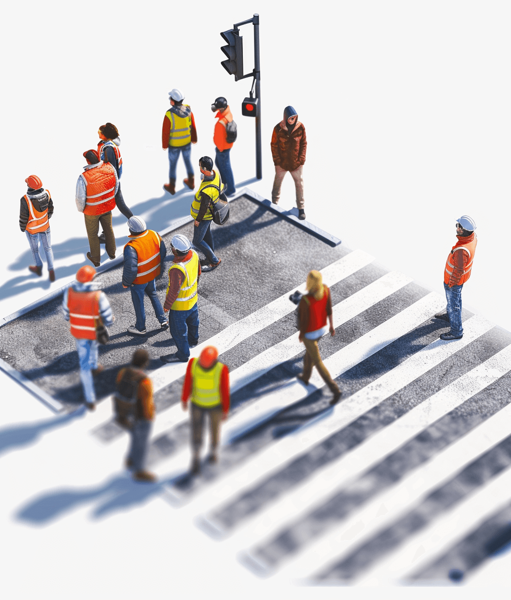 A group of workers stand on the zebra crossing in Watts, wearing safety helmets and work  against a white background. The scene shows a high angle view in the illustration style of a top-down perspective with high resolution and detail. The miniature scale model scene is of super quality with 3D rendering.