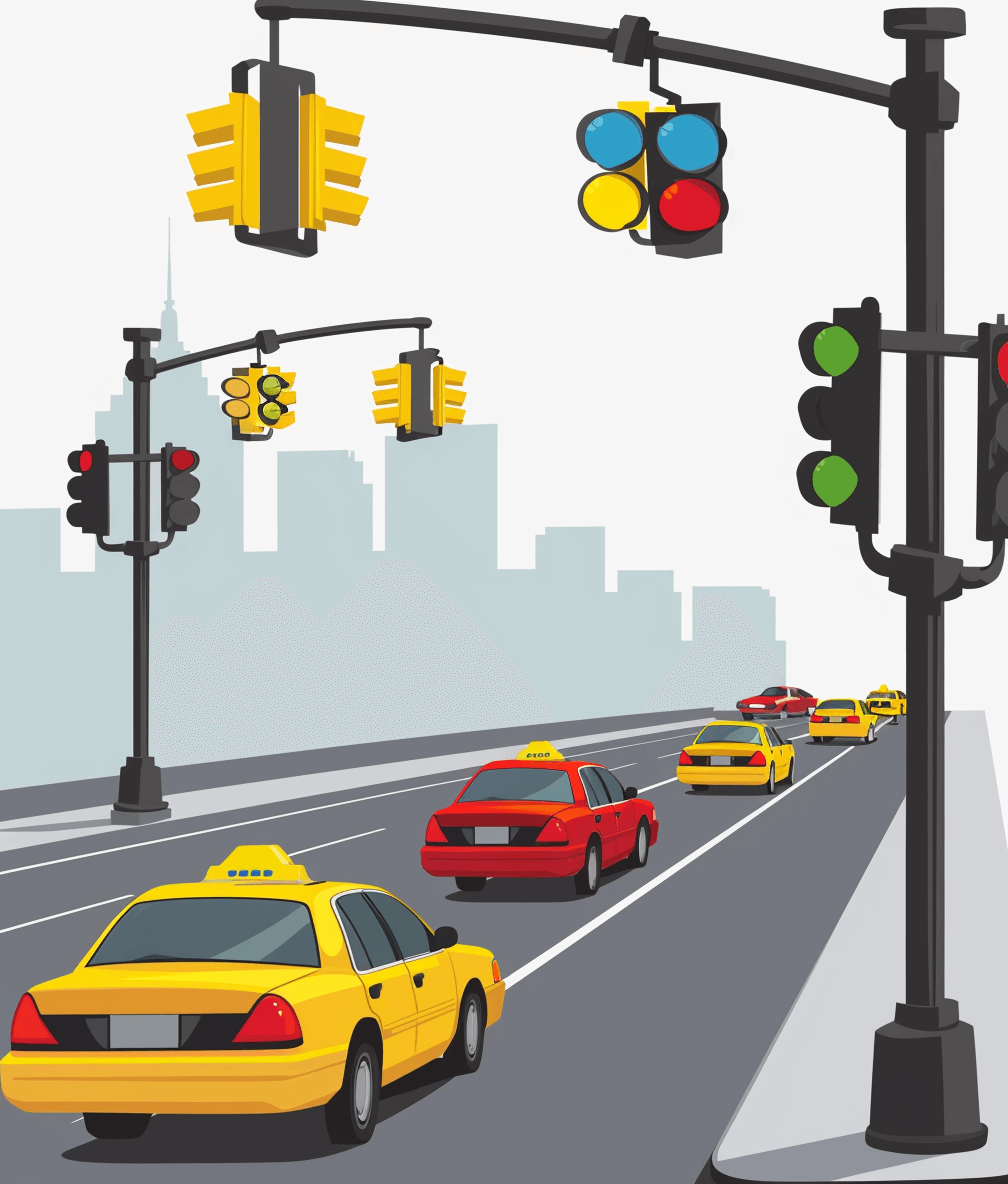 A vector illustration of cars at traffic lights in the city, with yellow and red cabs. The background is grey. There are also some street lamps.