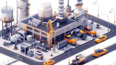 A modern factory with vehicles and equipment, in the style of an isometric illustration, is shown on a white background with a light orange color scheme. The industrial scene is a high resolution, high detail, high quality 3D rendering with high contrast and sharpness. It depicts an industrial architecture and working environment, with various tools on the ground. The whole picture has yellow elements. In front of it stands an electric vehicle charging station.