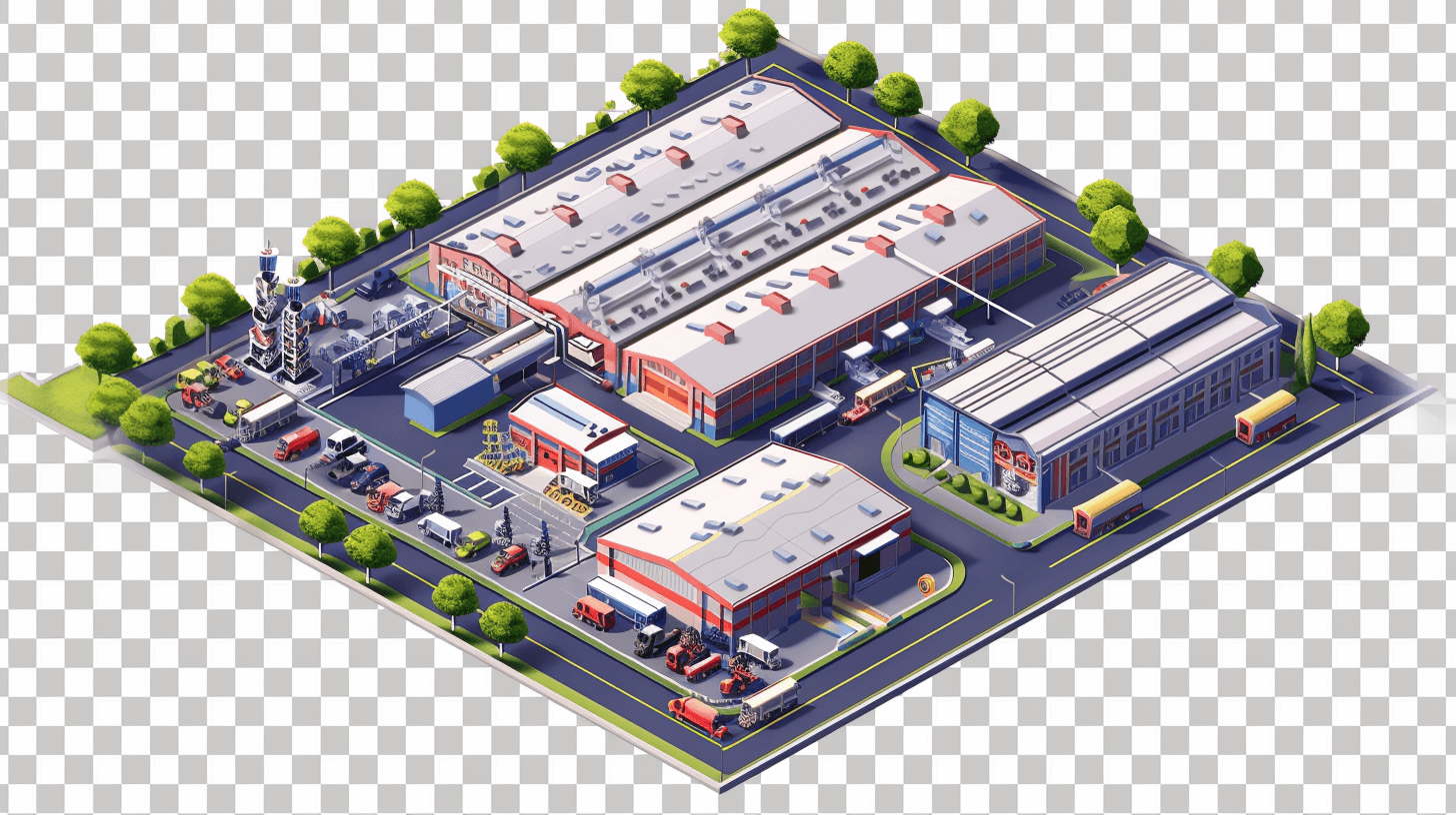 A large industrial complex with various buildings and vehicles, isometric view, top down perspective, on transparent background, no shadows, vector illustration, high resolution, highly detailed, no text or letters in the picture, no typography, no lettering, no text in red color