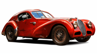 vintage red car side view, white background, on the left is an Alfa Romeo8c375 with large headlights and wide wheels, the right part of its body has been replaced by an engine block that emerges from behind it. The vehicle's windows have dark tints to shield against sunlight.