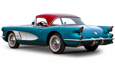 A blue and red colored vintage Corvette with a white background, a high resolution photo in the style of high quality, high contrast natural lighting with natural colors and a sharp focus, studio photography in the style of highly detailed, photorealistic with a white isolated background, professional color grading with a clean sharp focus and soft shadows with no contrast and no grainy textures.