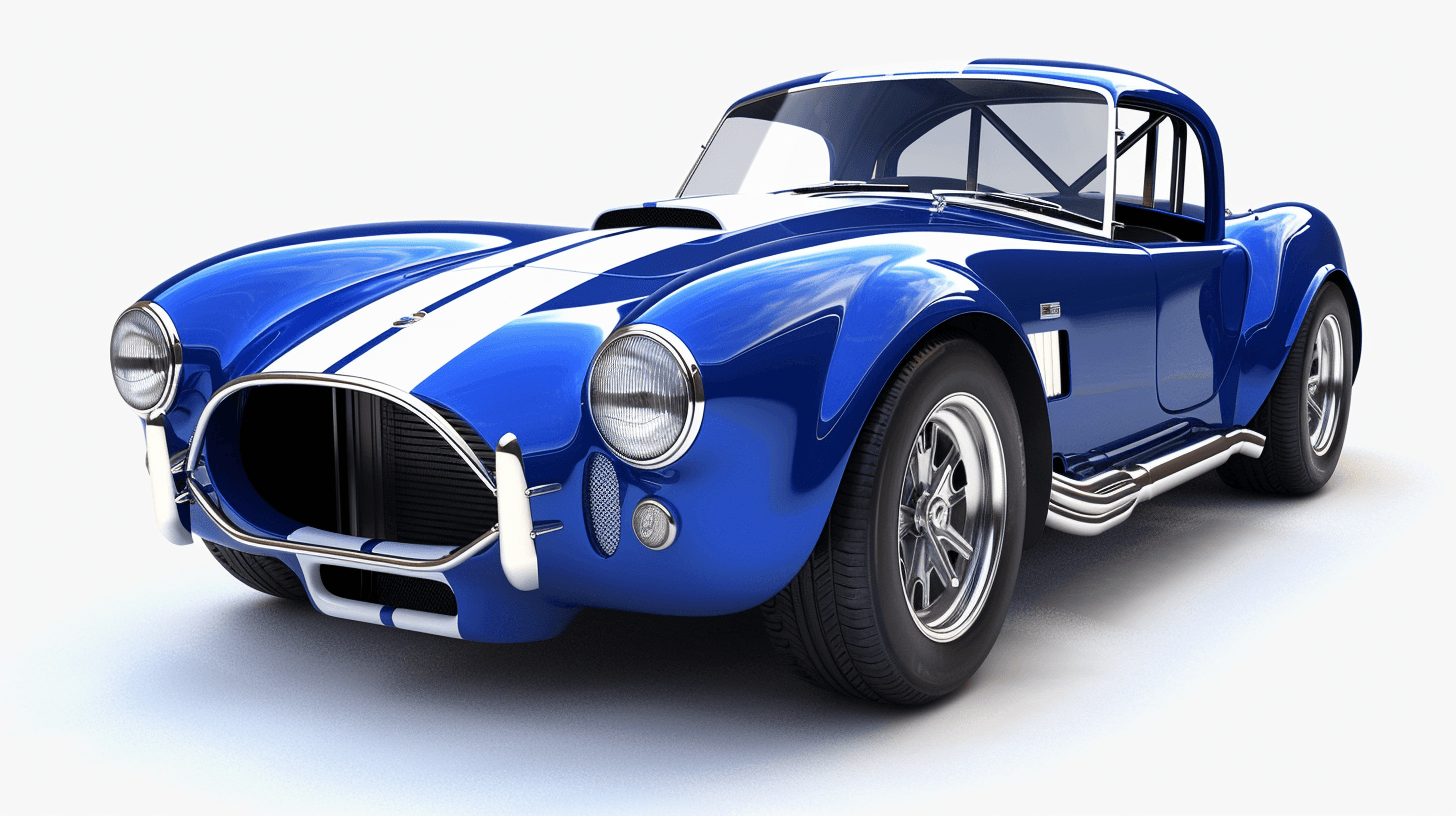 3d model of blue ac cobra with white stripes, on isolated background, low angle view, frontal view, white and blue color theme, high resolution, high quality, high detail, sharp focus, no blur, no depth of field,