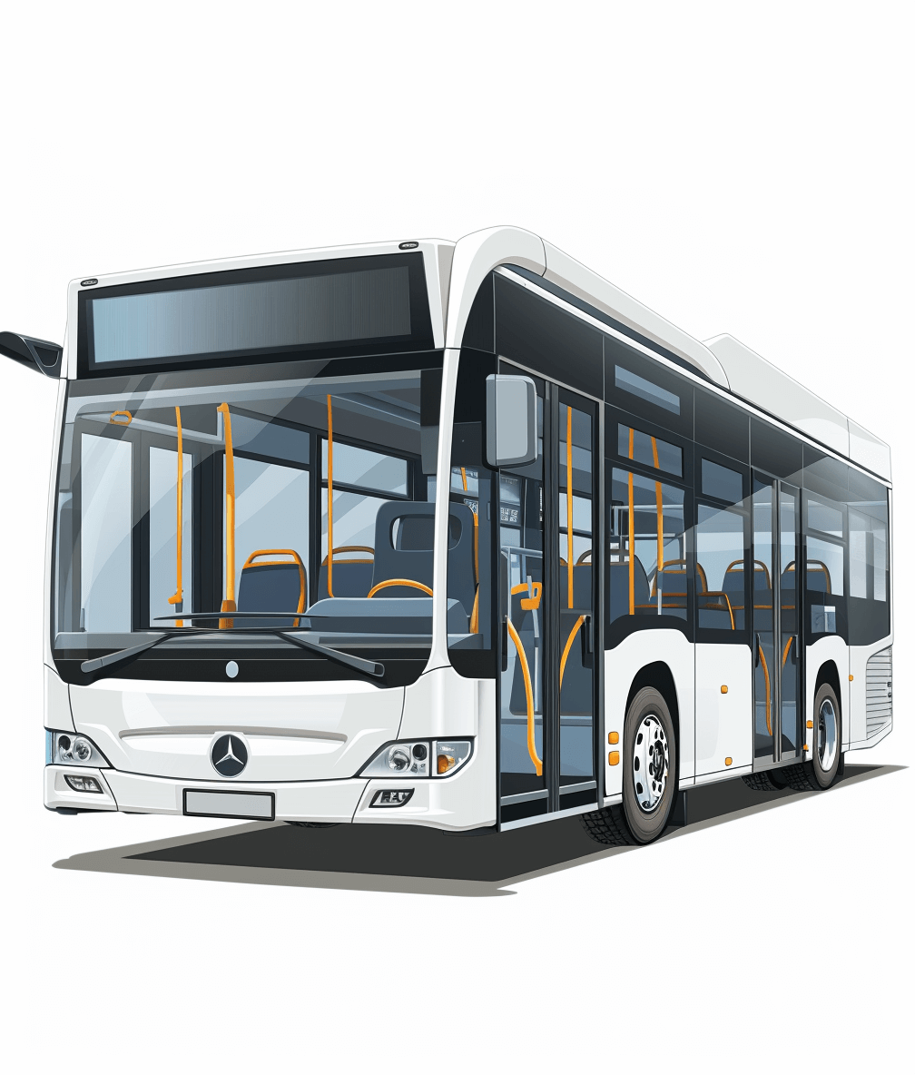 modern white city bus vector illustration with shadows on the ground, no background, no floor, white and orange color palette, no text or letters in front of it, MercedesBenz low profile luxury model bus with large windows and black tinted glass windows