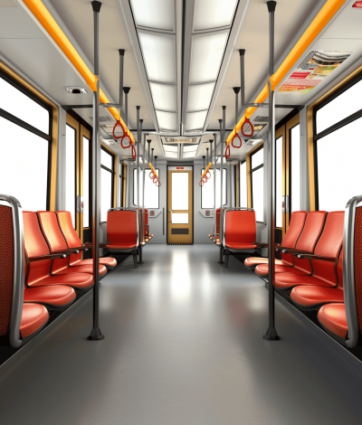 Simplified, realistic depiction of the interior space on an urban tram with orange seats and grey floor, white background. The focus is on the windows, doors, handnoes, ceiling lighting and seat arrangement. There should be no other characters or objects in view to emphasize simplicity and clarity in capturing the train's design elements. Use soft colors and shadows for depth while maintaining clear lines to highlight details such as safety features like floors lips and head rest.