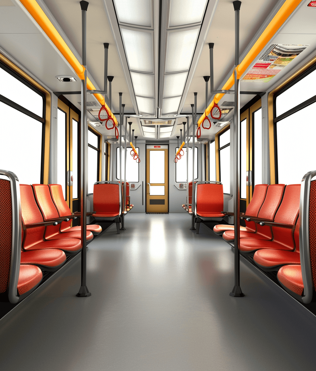 Simplified, realistic depiction of the interior space on an urban tram with orange seats and grey floor, white background. The focus is on the windows, doors, handnoes, ceiling lighting and seat arrangement. There should be no other characters or objects in view to emphasize simplicity and clarity in capturing the train’s design elements. Use soft colors and shadows for depth while maintaining clear lines to highlight details such as safety features like floors lips and head rest.